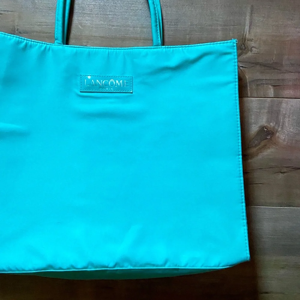 Lancome Tote Bag in Turquoise with Black and White Polka Dot Lining